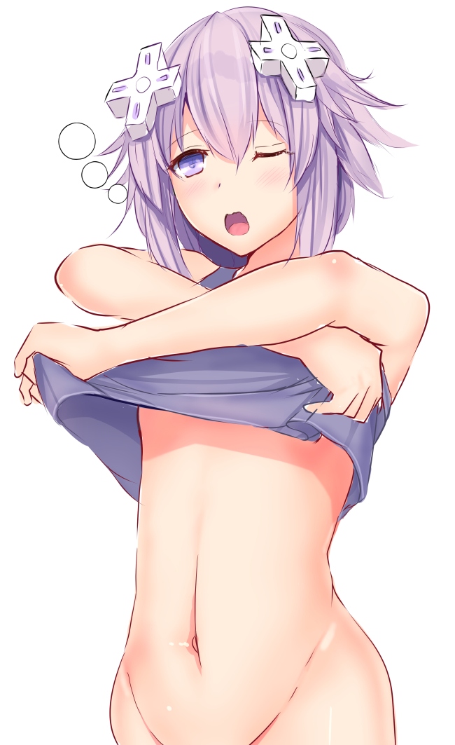 blush bottomless commentary_request d-pad d-pad_hair_ornament daiaru hair_ornament hairclip navel neptune_(choujigen_game_neptune) neptune_(series) one_eye_closed open_mouth out-of-frame_censoring purple_eyes purple_hair purple_shirt shirt short_hair solo undressing