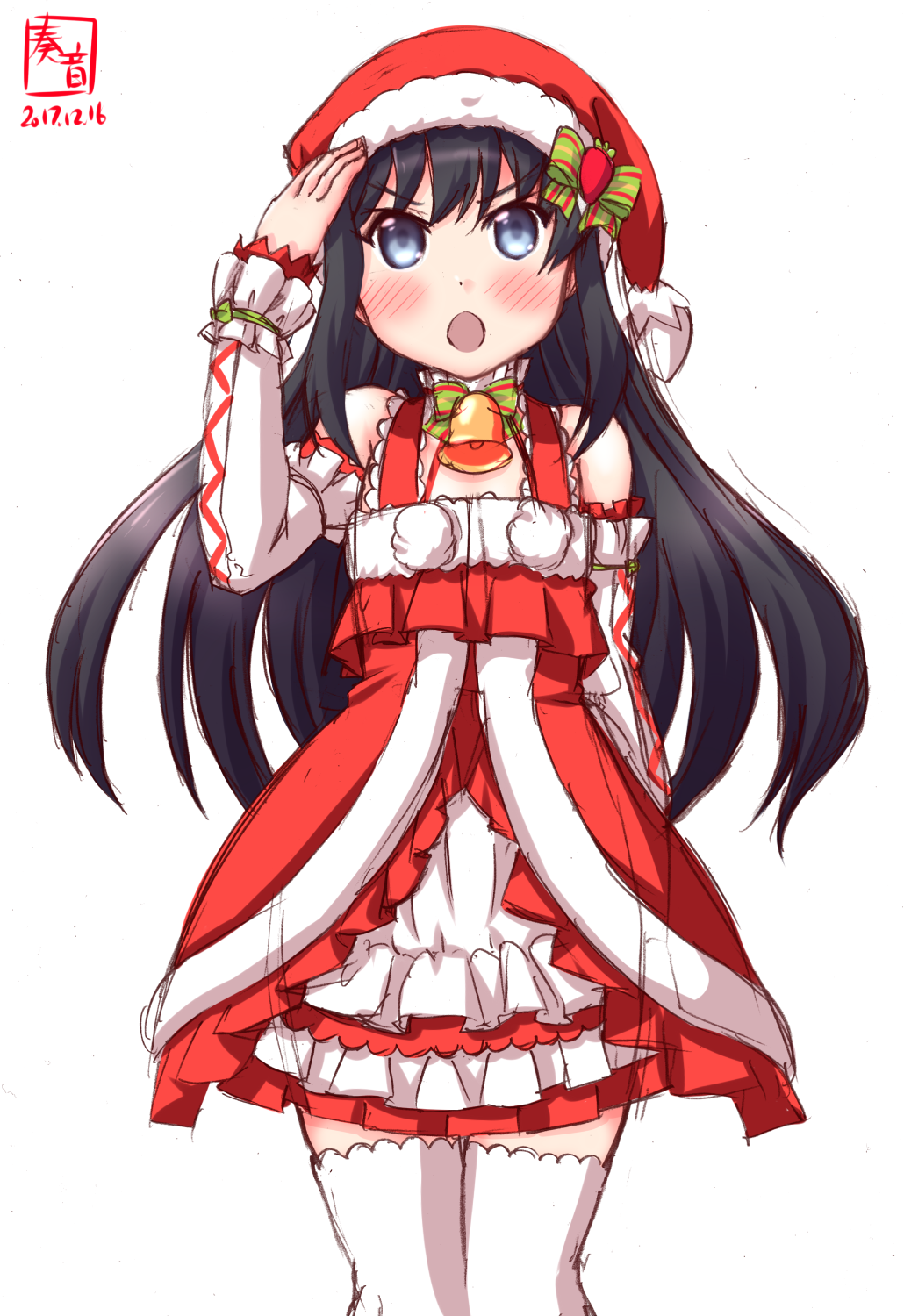 artist_logo asashio_(kantai_collection) bell black_hair blue_eyes cowboy_shot dated detached_sleeves dress frilled_dress frills highres kanon_(kurogane_knights) kantai_collection long_hair md5_mismatch open_mouth salute santa_costume simple_background solo standing thighhighs white_background white_legwear