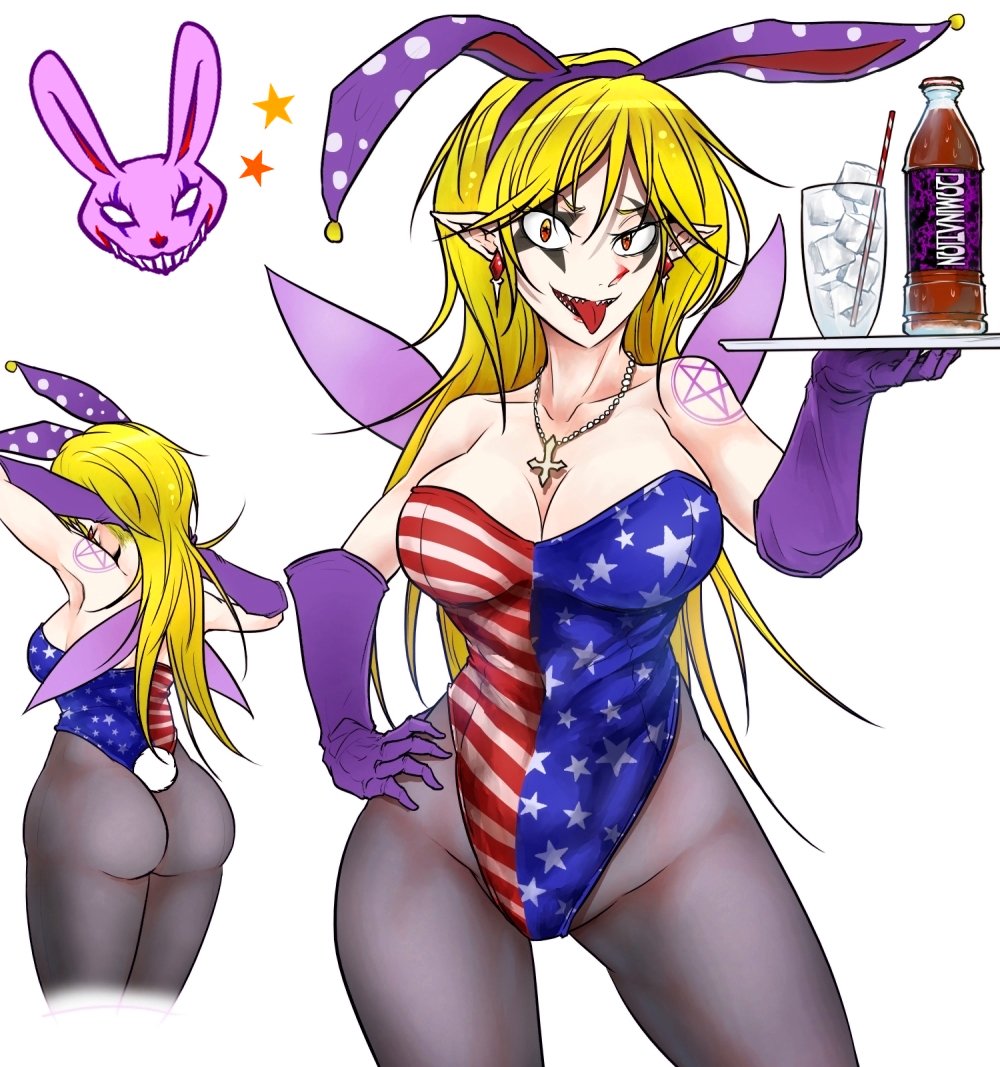 alternate_costume american_flag animal_ears armpits arms_behind_head ass bare_shoulders blonde_hair bottle breasts bunny_ears bunny_tail bunnysuit carrying cleavage clownpiece collarbone commentary_request contrapposto covered_navel crescent cropped_legs cross cross_necklace cup diamond_earrings drinking_glass drinking_straw ear_piercing earrings elbow_gloves facial_tattoo fairy_wings fake_animal_ears fake_tail flag_print from_behind gloves groin hand_on_hip ice inverted_cross jewelry large_breasts leotard long_hair necklace older open_mouth orange_eyes pale_skin pantyhose pentagram piercing pointy_ears polka_dot purple_gloves purple_wings ryuuichi_(f_dragon) sharp_teeth shoulder_tattoo smile smirk soda soda_bottle solo standing star star-shaped_pupils symbol-shaped_pupils tail tattoo teeth tongue tongue_out torch_earrings touhou tray wide_hips wings