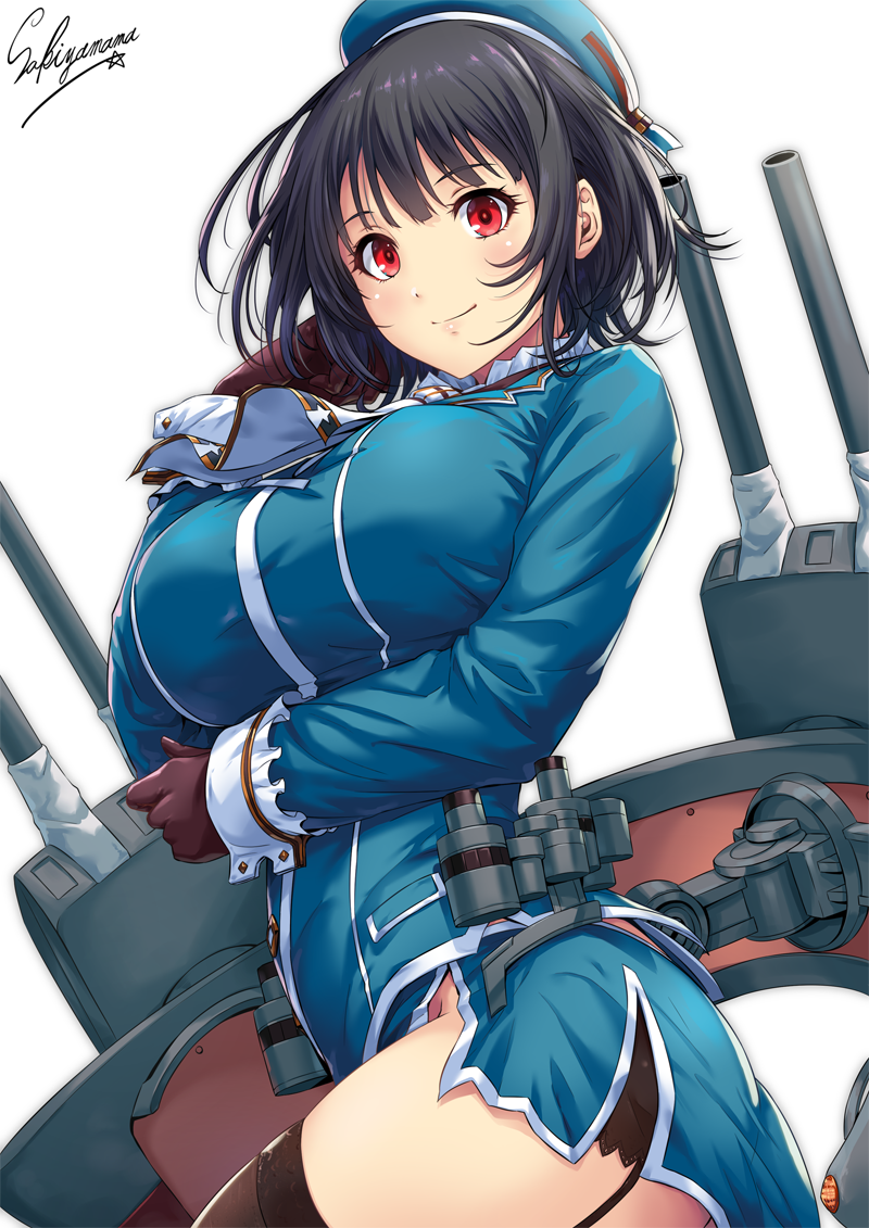 artist_name ass beret black_gloves black_hair black_panties blue_hat blue_jacket blush breasts cannon closed_mouth cowboy_shot eyebrows_visible_through_hair garter_straps gloves hand_on_own_cheek hand_to_own_mouth hat jacket kantai_collection large_breasts long_sleeves looking_at_viewer messy_hair panties red_eyes rigging sakiyamama short_hair simple_background skirt smile solo takao_(kantai_collection) thighhighs thighs turret twisted_torso underwear white_background