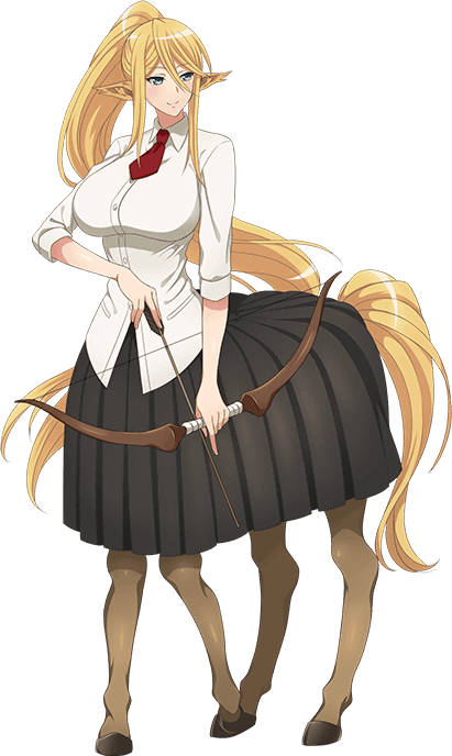 1girl animal_ears arrow_(projectile) artist_request black_skirt blonde_hair blue_eyes blush bow_(weapon) breasts centaur centorea_shianus full_body game_cg hair_between_eyes holding holding_arrow holding_bow_(weapon) holding_weapon hooves horse_ears huge_breasts long_hair monster_girl monster_musume_no_iru_nichijou monster_musume_no_iru_nichijou_online necktie official_art pointy_ears ponytail red_necktie shirt sidelocks skirt smile solo tachi-e taur transparent_background very_long_hair weapon white_shirt
