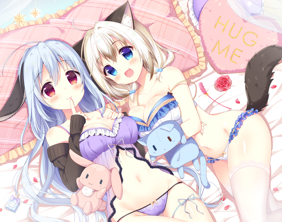 :3 :d animal_ears aoi_yun arm_warmers babydoll bare_shoulders bed_sheet blue_eyes blue_hair blue_ribbon blush bow bow_panties bra breasts bunny_ears cat_ears cat_tail cleavage closed_mouth collarbone commentary_request ears_down fang frilled_pillow frills groin large_breasts light_brown_hair long_hair long_sleeves low_twintails lying multiple_girls navel object_hug on_back on_side open_mouth original panties pillow purple_panties red_eyes ribbon short_twintails sleeves_past_wrists smile strap_slip string_panties stuffed_animal stuffed_bunny stuffed_cat stuffed_toy tail thigh_ribbon thighhighs twintails underwear underwear_only very_long_hair white_bra white_legwear white_panties