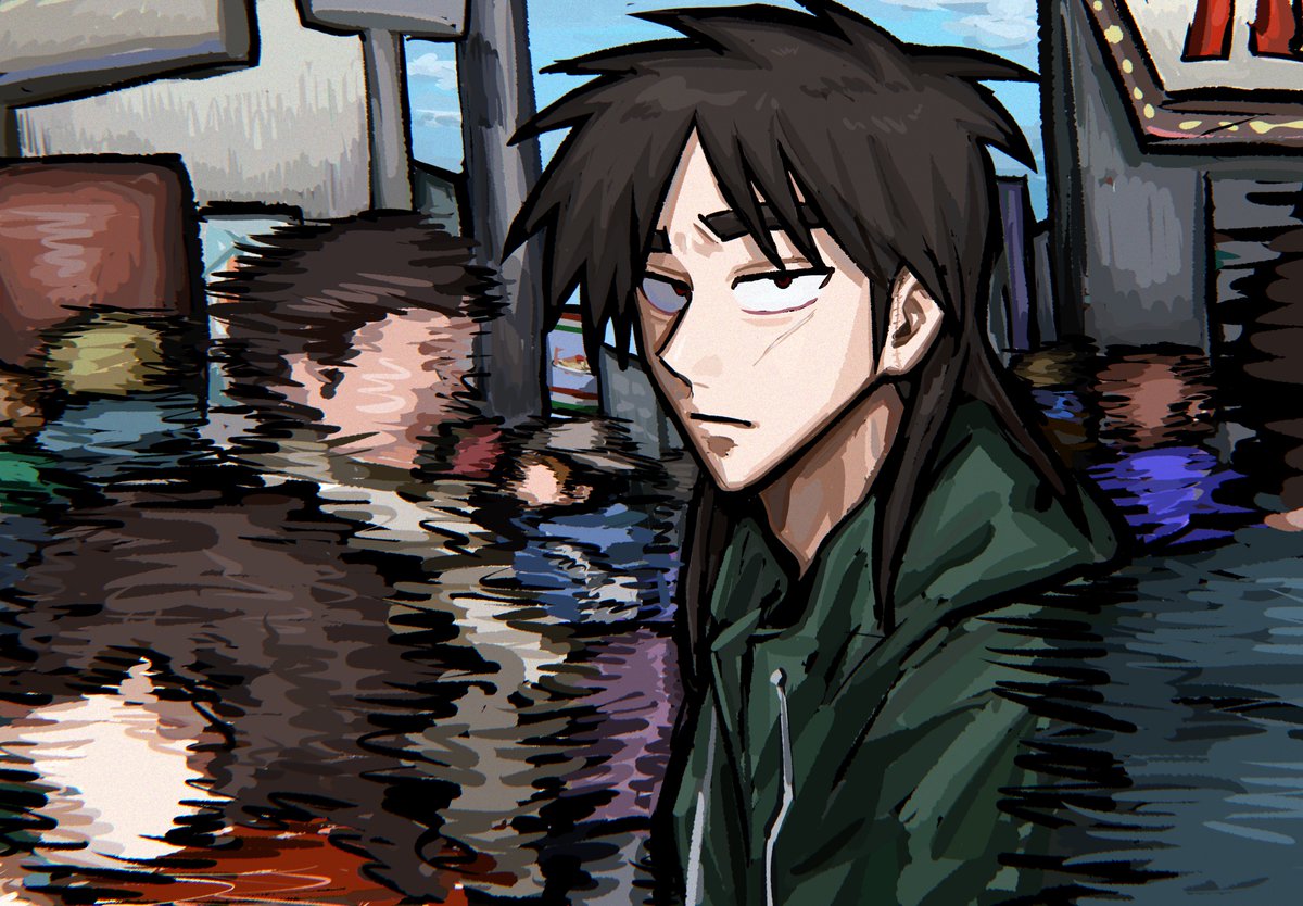 1boy 6+others black_hair blue_sky blurry brown_hair city closed_mouth cloud commentary expressionless green_jacket itou_kaiji jacket kaiji long_hair looking_at_viewer male_focus medium_bangs motion_blur multiple_others outdoors people pointy_nose sanpaku scar scar_on_cheek scar_on_face sign sky solo_focus upper_body wakigyoa