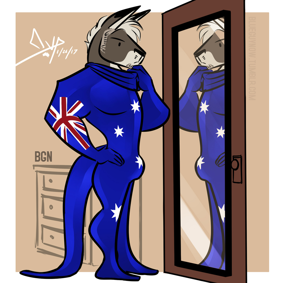 2017 anthro australia australian bgn biped black_eyebrows black_eyes black_nose border brown_background bulge clothed clothing costume digital_media_(artwork) dot_eyes drawer eyebrows fur grey_fur hair kangaroo long_tail male mammal marsupial mirror multicolored_fur outside_border reflection short_hair side_view signature simple_background snout solo standing sydney_o'connell two_tone_fur url white_border white_fur white_hair