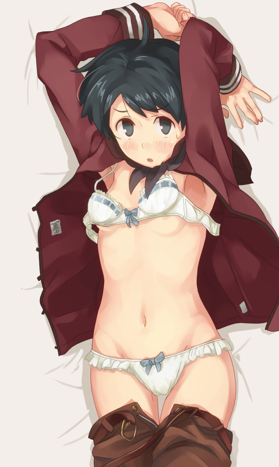 areola_slip areolae arms_up bad_id bad_pixiv_id bangs black_eyes black_hair blush bow bow_panties bra breasts brown_pants commentary cowboy_shot fingernails jacket kantai_collection long_sleeves looking_at_viewer lying makio_(makiomeigenbot) mogami_(kantai_collection) navel on_back open_clothes open_jacket panties pants pants_pull parted_lips red_jacket short_hair small_breasts solo sweatdrop underwear untied_bra white_bra white_panties