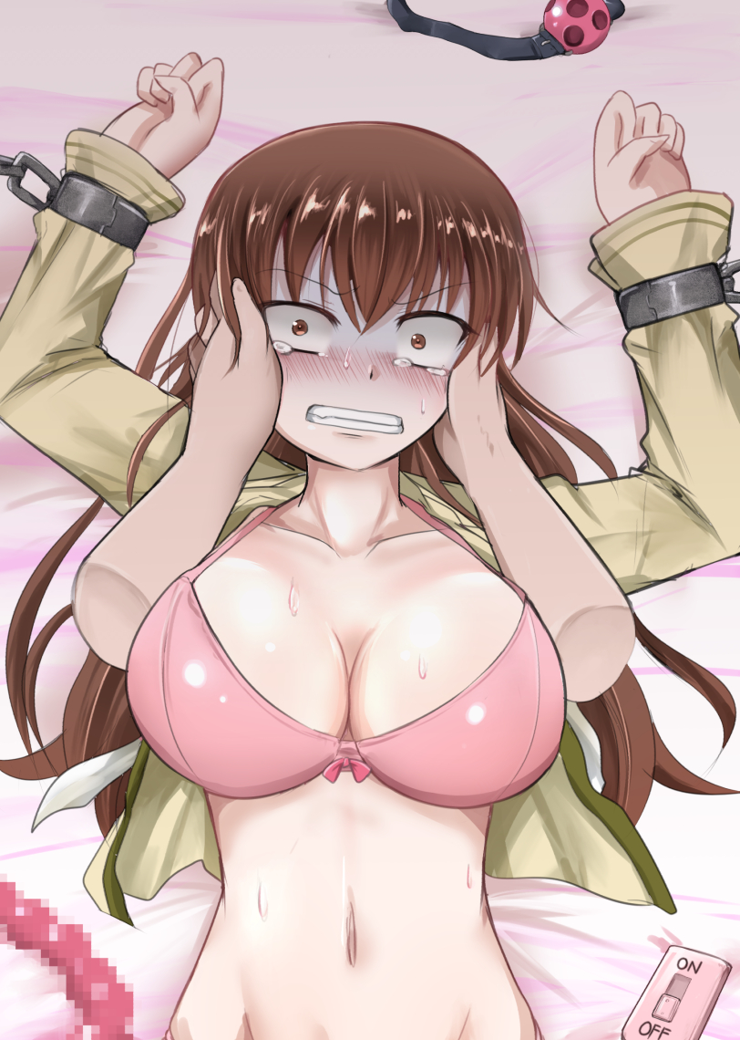 1girl admiral_(kantai_collection) ball_gag bangs bdsm blush bondage bound bound_wrists bow bow_bra bra breasts brown_eyes brown_hair censored collarbone constricted_pupils dildo disembodied_limb eyebrows_visible_through_hair gag hands_on_another's_face hetero kagitsume kantai_collection large_breasts long_hair long_sleeves looking_at_viewer lying mosaic_censoring mujakuma_(style) navel nose_blush on_back ooi_(kantai_collection) open_clothes open_shirt panties pink_bra pink_panties pov remote_control_vibrator scared shirt solo_focus sweat tears underwear upper_body vibrator