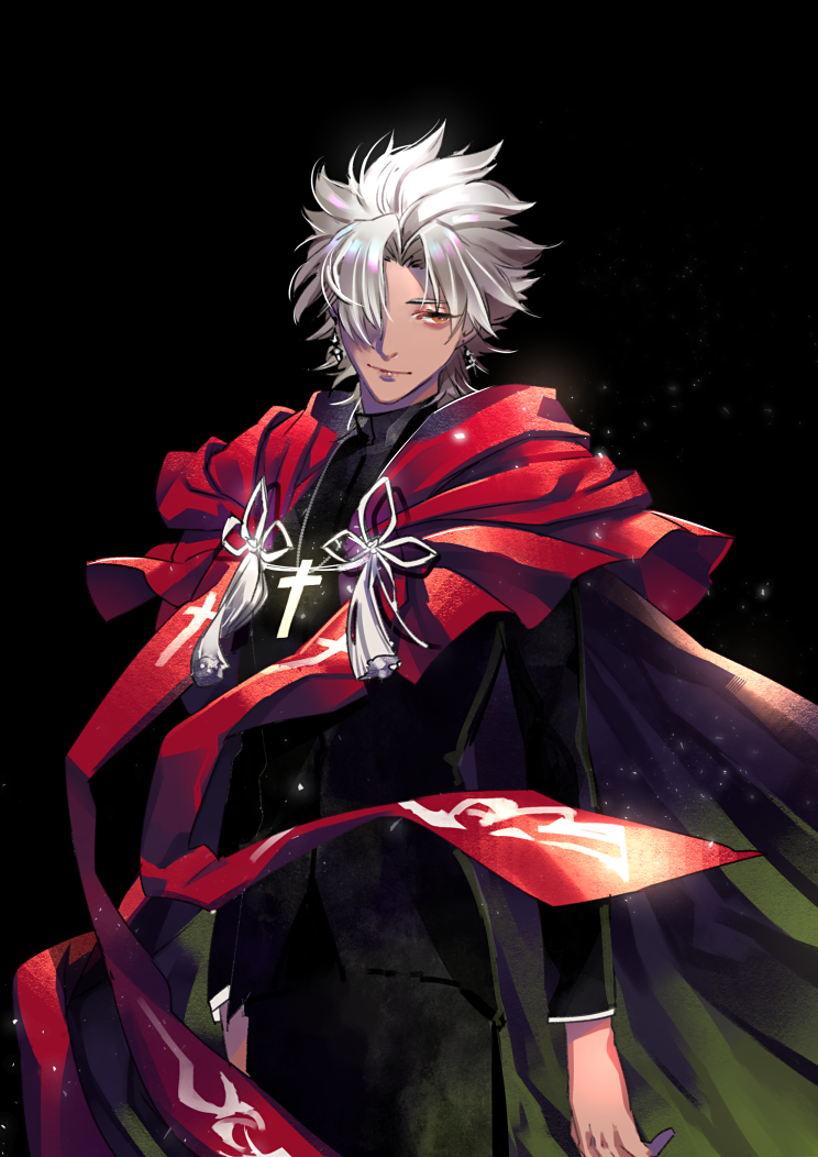 amakusa_shirou_(fate) black_background black_jacket black_pants brown_eyes cape closed_mouth cowboy_shot cross cross_necklace fate/apocrypha fate_(series) hair_over_one_eye jacket jewelry long_sleeves male_focus necklace one_eye_covered pants red_cape silver_hair simple_background solo spiked_hair standing tenobe