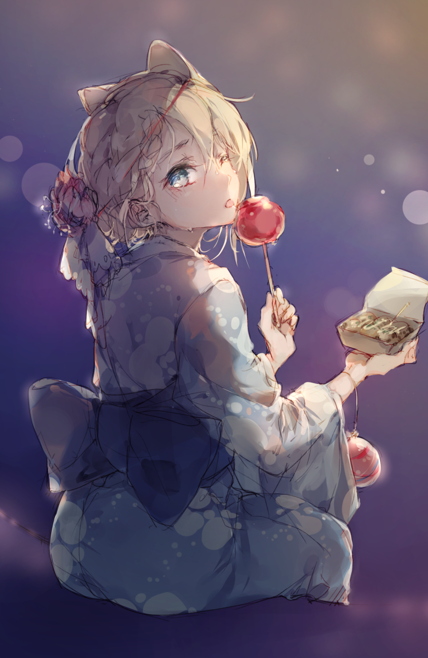 ;p blonde_hair blue_eyes blue_kimono blurry bokeh braid candy_apple depth_of_field eating flower food from_behind g36_(girls_frontline) girls_frontline hair_flower hair_ornament highres japanese_clothes kimono looking_at_viewer looking_back obi one_eye_closed red_flower sash shuzi side_braid sitting solo takoyaki tongue tongue_out