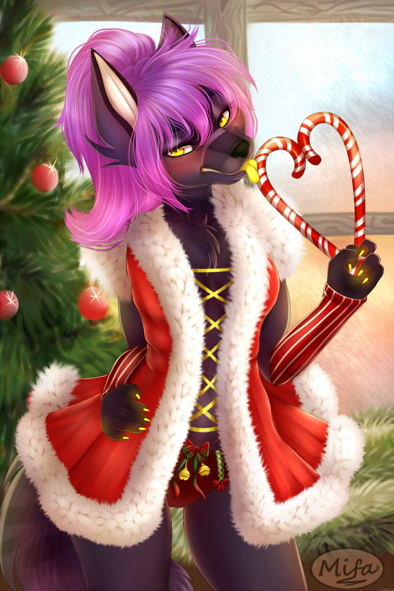 &lt;3 2017 annoyed anthro bell blush candy candy_cane canine chest_tuft christmas christmas_tree clothed clothing costume female food fur grey_fur hair hand_on_hip holidays looking_at_viewer mammal mifa panties pink_hair ribbons santa_costume solo tongue tongue_out tree tuft underwear wolf yellow_eyes