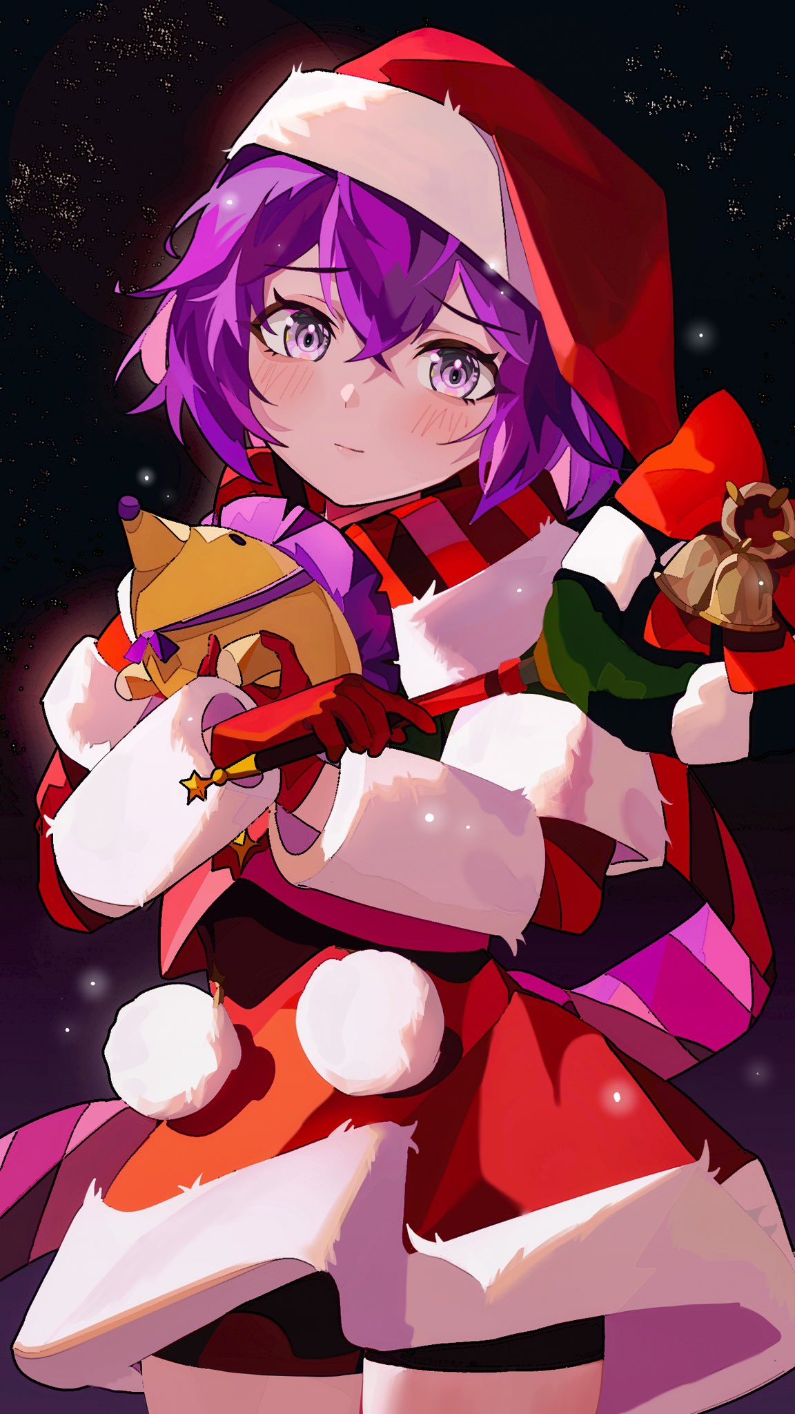 1girl bernadetta_von_varley bernadetta_von_varley_(winter) bike_shorts black_background blush capelet christmas christmas_ornaments christmas_wreath closed_mouth cowboy_shot dress fire_emblem fire_emblem:_three_houses fire_emblem_heroes fur-trimmed_headwear fur_trim gbbgb321 gloves grey_eyes hat hedgehog highres holding official_alternate_costume pom_pom_(clothes) purple_eyes purple_hair red_capelet red_dress red_gloves santa_costume santa_dress santa_hat scarf short_hair shorts solo stuffed_animal stuffed_hedgehog stuffed_toy wreath