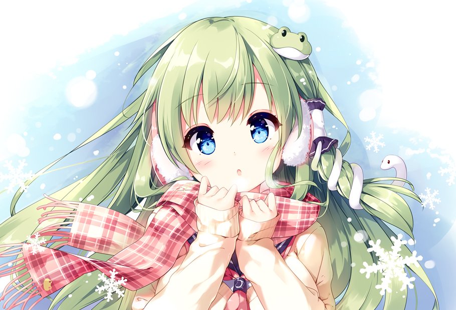 alternate_costume blue_eyes blush breasts commentary_request contemporary earmuffs eyebrows_visible_through_hair frog_hair_ornament green_hair hair_ornament hair_tubes kochiya_sanae large_breasts long_hair long_sleeves looking_at_viewer miyase_mahiro parted_lips plaid plaid_scarf sailor_collar scarf snake_hair_ornament snowing solo touhou upper_body