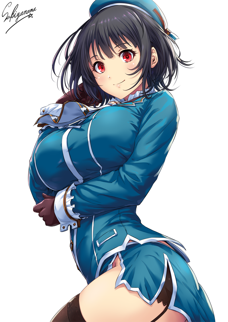 artist_name ass beret black_gloves black_hair black_panties blue_hat blue_jacket blush breasts closed_mouth cowboy_shot eyebrows_visible_through_hair garter_straps gloves hand_on_own_cheek hand_to_own_mouth hat jacket kantai_collection large_breasts long_sleeves looking_at_viewer messy_hair panties red_eyes sakiyamama short_hair simple_background skirt smile solo takao_(kantai_collection) thighhighs thighs twisted_torso underwear white_background
