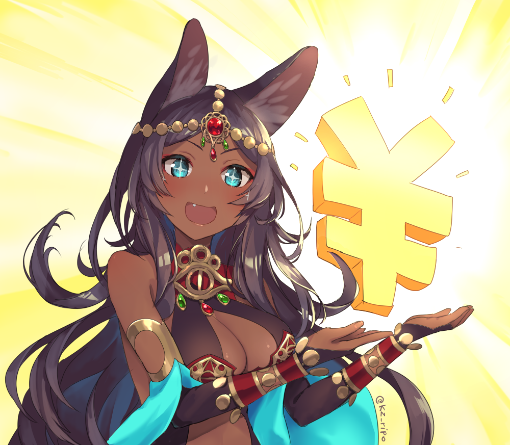 +_+ 1girl :d animal_ears bangs blue_eyes blush breasts bridal_gauntlets brown_hair cleavage dark_skin fate/grand_order fate_(series) hands_up jewelry kz_ripo large_breasts long_hair looking_at_viewer open_mouth parted_bangs queen_of_sheba_(fate/grand_order) smile solo v-shaped_eyebrows very_long_hair yen_sign