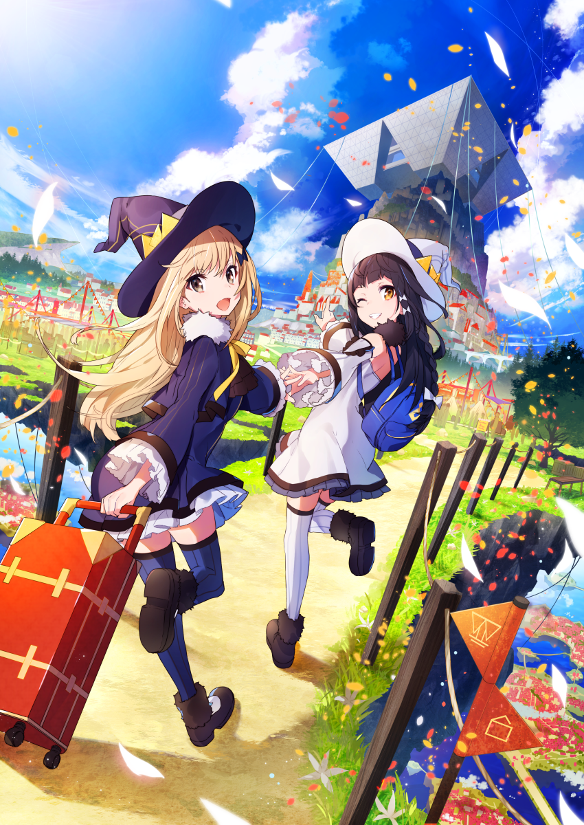 backpack bag bangs black_hair blonde_hair blue_legwear blue_sky boots braid brown_eyes city cloud cloudy_sky day detached_sleeves dress fur_trim grin hair_between_eyes hat highres long_hair looking_at_viewer mika_pikazo multiple_girls official_art one_eye_closed open_mouth original outdoors sky smile standing standing_on_one_leg thighhighs tokyo_big_sight tree white_legwear witch_hat