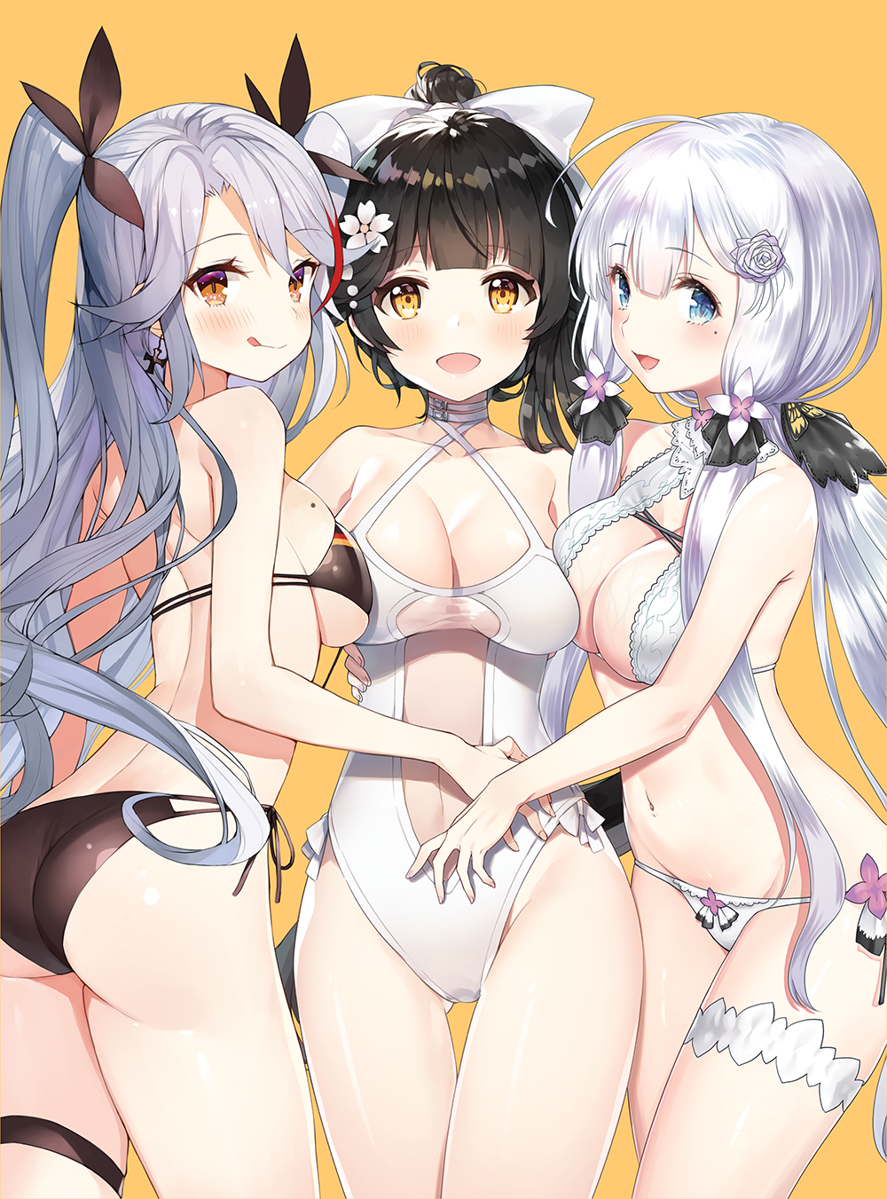:d :q ahoge ass ass_visible_through_thighs ayamy azur_lane bikini black_hair blue_eyes bow breasts choker cleavage collaboration commentary_request cowboy_shot criss-cross_halter girl_sandwich hair_bow hair_flaps halterneck hand_on_another's_stomach highres illustrious_(azur_lane) leg_garter long_hair looking_at_viewer low_ponytail matsui_hiroaki medium_breasts medium_hair mole mole_on_breast mole_under_eye multi-strapped_bikini multiple_girls navel one-piece_swimsuit open_mouth ponytail prinz_eugen_(azur_lane) sandwiched see-through side-tie_bikini sideboob sidelocks silver_hair simple_background smile swimsuit takao_(azur_lane) thigh_gap thigh_strap tongue tongue_out two_side_up veins white_bikini white_swimsuit yasuyuki yellow_background yellow_eyes