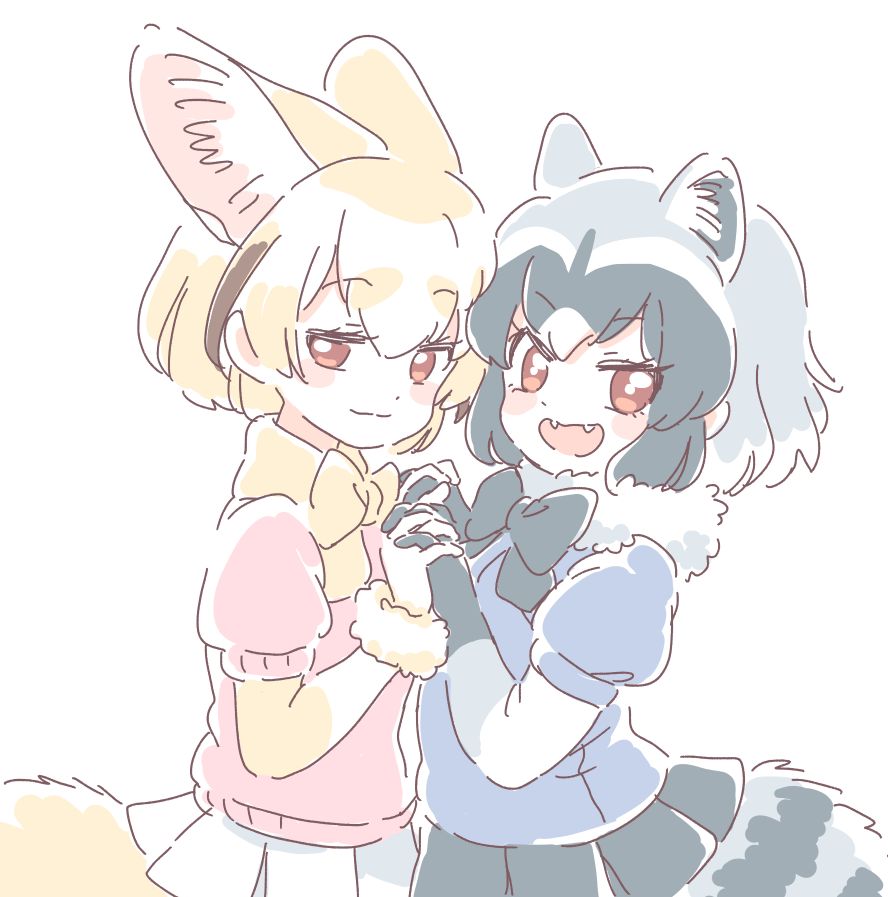 :d animal_ears bangs black_gloves black_neckwear black_skirt blonde_hair blue_shirt blush_stickers bow bowtie common_raccoon_(kemono_friends) elbow_gloves eyebrows_visible_through_hair fangs fennec_(kemono_friends) fox_ears fox_tail from_side fur_trim gloves grey_hair holding_hands interlocked_fingers kemono_friends looking_at_viewer mitsumoto_jouji multicolored_hair multiple_girls open_mouth pink_shirt pleated_skirt puffy_short_sleeves puffy_sleeves raccoon_ears raccoon_tail red_eyes shirt short_hair short_sleeves simple_background skirt smile smug standing tail two-tone_hair white_background white_gloves white_skirt yellow_neckwear yuri