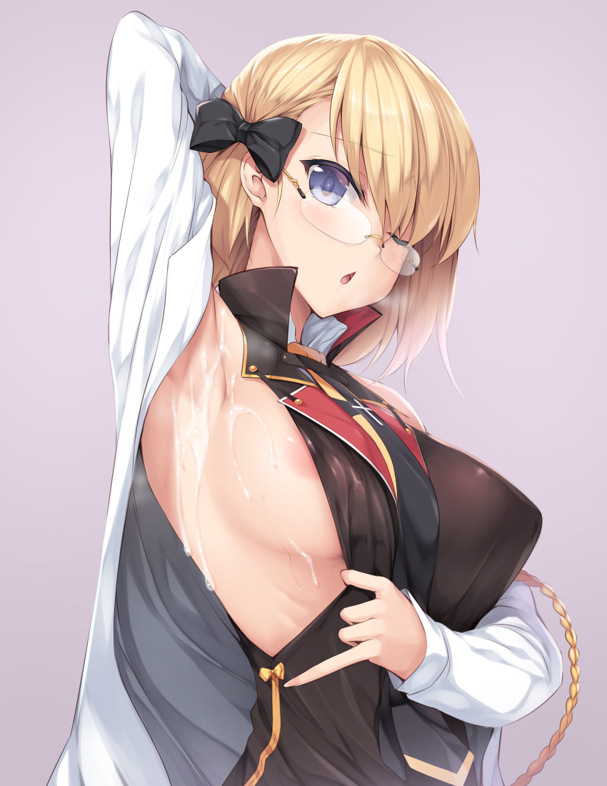areola_slip areolae arm_up armpits azur_lane bare_shoulders blonde_hair blue_eyes blush bow breasts cum glasses hair_bow large_breasts looking_at_viewer nakano_sora one_eye_closed open_mouth short_hair sideboob solo z23_(azur_lane)