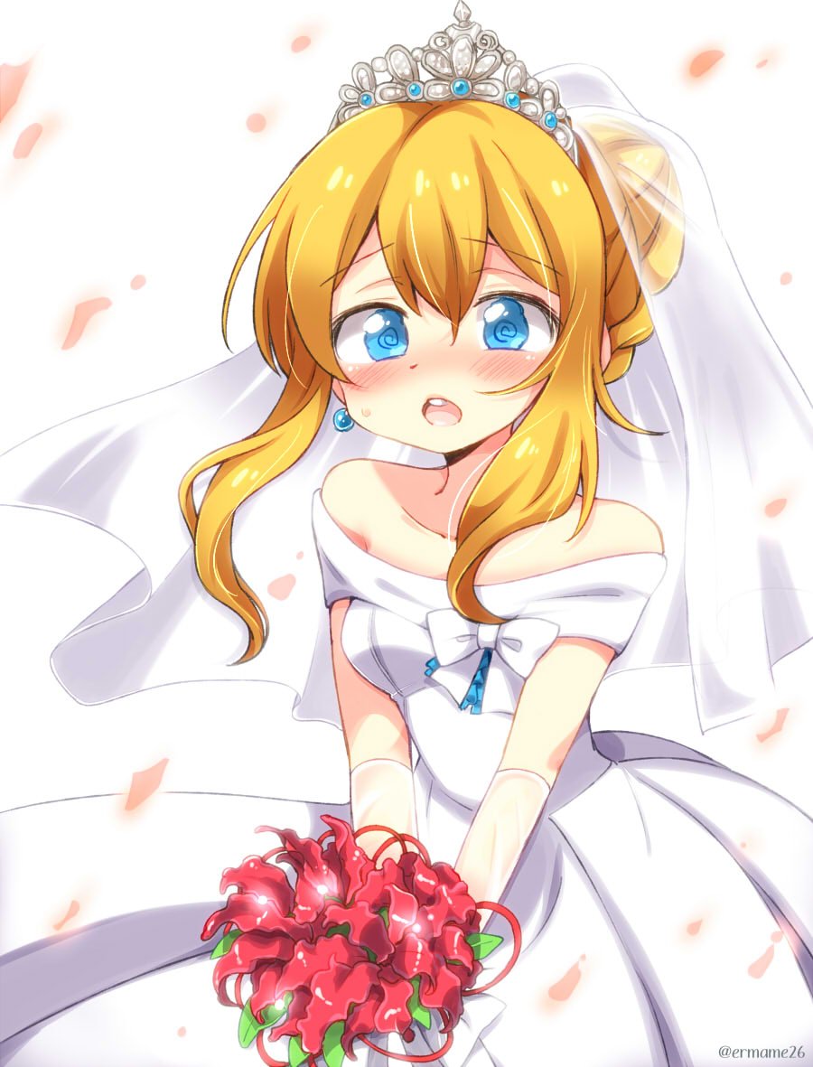 :o @_@ alternate_costume azur_lane bangs bare_shoulders blonde_hair blue_eyes blush bouquet bow breasts bridal_veil collarbone dress earrings elbow_gloves eromame eyebrows eyebrows_visible_through_hair flower gloves hair_between_eyes hair_bun holding holding_bouquet jewelry leaf off_shoulder open_mouth petals renown_(azur_lane) shiny shiny_hair sidelocks simple_background small_breasts solo spider_lily tareme teeth tied_hair tongue twitter_username v_arms veil wavy_eyes wedding_dress white_background white_bow white_dress