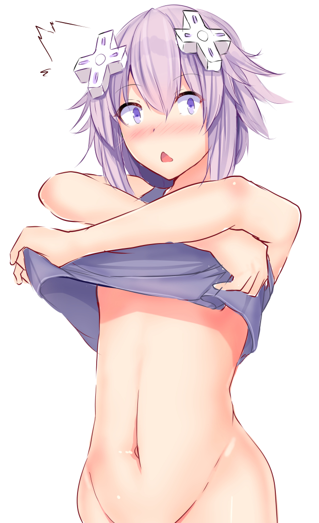 :&lt; blush bottomless commentary_request d-pad d-pad_hair_ornament daiaru hair_ornament hairclip looking_at_viewer navel neptune_(choujigen_game_neptune) neptune_(series) open_mouth out-of-frame_censoring purple_eyes purple_hair purple_shirt shirt short_hair solo surprised undressing