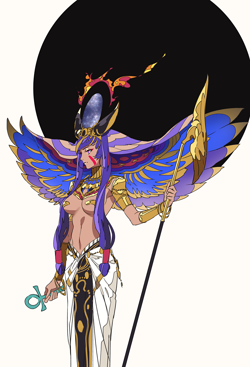 ankh armband bracer breasts bridgeless_bra closed_mouth collar commentary_request covered_nipples dark_skin facial_mark fate/grand_order fate_(series) from_side head_wings headpiece highres holding holding_staff jewelry lipstick makeup medium_breasts multicolored multicolored_hair multicolored_wings navel nitocris_(fate/grand_order) purple_eyes purple_hair robe solo spread_wings staff standing tenobe white_background wings