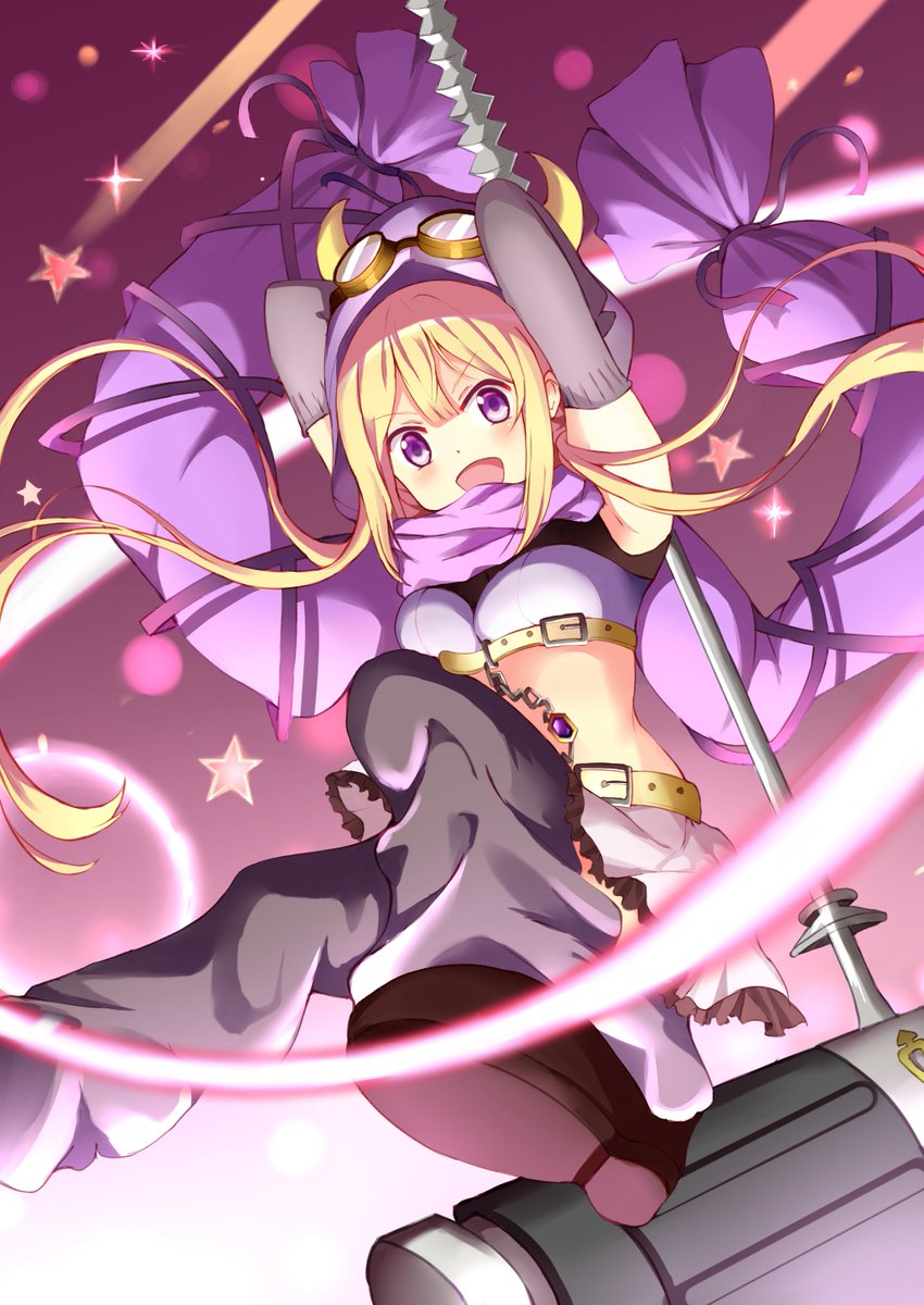 1girl blonde_hair blush chains detached_sleeves gem hammer highres holding_hammer image_sample long_hair magia_record:_mahou_shoujo_madoka_magica_gaiden magical_girl mahou_shoujo_madoka_magica midriff mitsuki_felicia open_mouth purple_eyes ricopin_ch scarf shooting_star skirt star twitter_sample