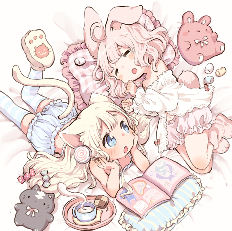 ahoge animal_ears bed_sheet blonde_hair bloomers blouse book bunny_ears bunny_tail camisole candy cat_ears cat_tail checkerboard_cookie clenched_hands closed_eyes commentary_request cookie cup food frilled_pillow frills head_rest lollipop long_hair lying marshmallow mokarooru multiple_girls navel on_side on_stomach open_book open_mouth original paw_boots pillow pink_hair short_hair slippers striped striped_legwear stuffed_animal stuffed_bunny stuffed_cat stuffed_toy tail teacup thighhighs underwear