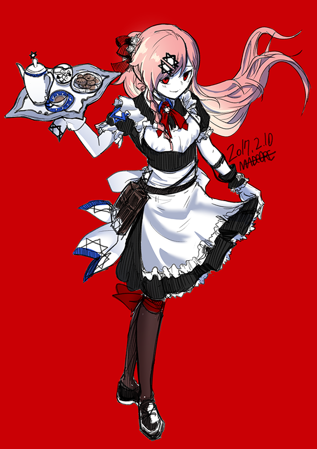 alternate_costume artist_name bangs belt black_legwear blush bow braid breasts commentary cookie dated floating_hair food from_above girls_frontline gloves hair_between_eyes hair_bow hair_ornament hair_ribbon hairclip hexagram holding holding_tray kettle long_hair looking_at_viewer madcore magazine_(weapon) maid negev_(girls_frontline) pantyhose pink_hair pouch red_background red_bow red_eyes ribbon saucer simple_background skirt skirt_hold small_breasts smile solo star_of_david tray white_gloves white_skirt wind