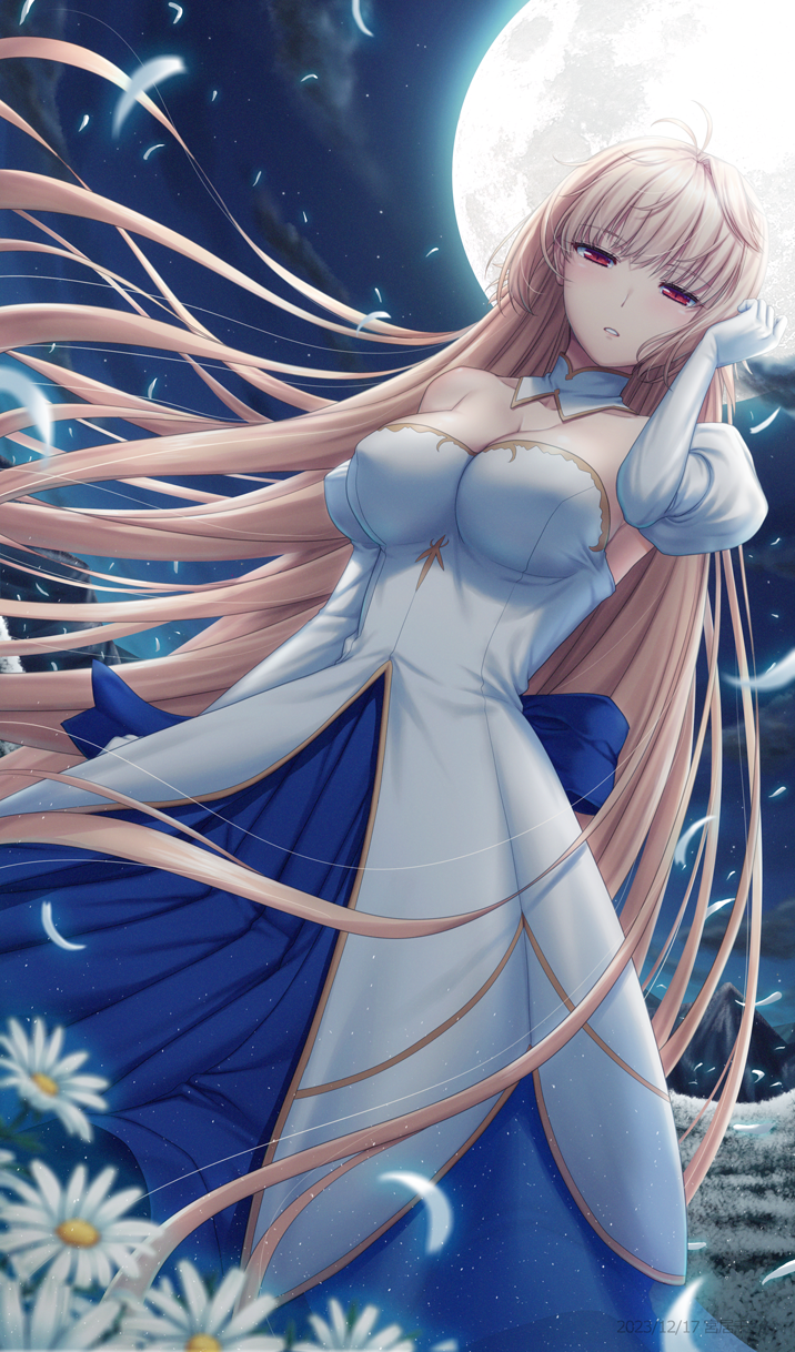 1girl antenna_hair archetype_earth arcueid_brunestud blonde_hair blue_dress breasts cleavage cloud detached_collar detached_sleeves dress field floating flower flower_field half-closed_eyes highres large_breasts long_hair looking_at_viewer melty_blood mixed-language_commentary miyai_sen moon mountainous_horizon night night_sky outdoors petals red_eyes single_hair_intake sky solo strapless strapless_dress tsukihime two-tone_dress very_long_hair white_dress white_flower