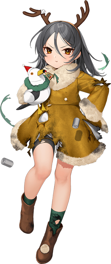 1girl antlers bell black_hair brown_dress brown_eyes brown_footwear burnt_clothes depth_charge dress fake_antlers full_body green_socks hair_between_eyes hair_down hair_ornament hairclip hoshiakari_(c2_kikan) inagi_(kancolle) kantai_collection long_hair mittens official_alternate_costume official_art pom_pom_(clothes) pout reindeer_antlers snowman socks solo stuffed_animal stuffed_bird stuffed_toy third-party_source transparent_background white_mittens
