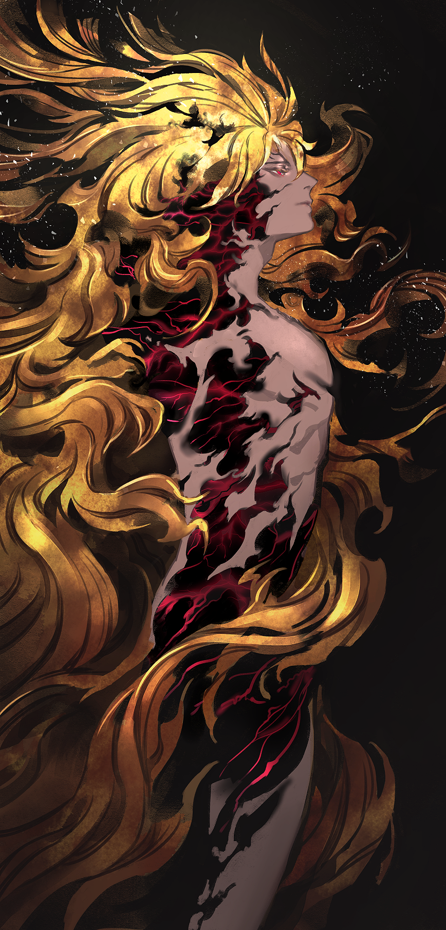 bangs black_background blonde_hair closed_mouth disintegration fate/grand_order fate_(series) from_side goetia_(fate/grand_order) hair_between_eyes half-closed_eyes highres light_particles long_hair male_focus nude profile red_eyes solo tenobe very_long_hair