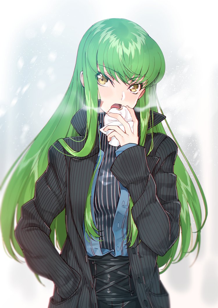 bangs black_coat black_skirt blue_jacket c.c. coat code_geass commentary_request creayus eating eyebrows_visible_through_hair fingernails food green_hair hand_in_pocket holding holding_food jacket light_blush long_hair long_sleeves looking_at_viewer open_mouth skirt snowing solo standing striped striped_sweater sweater upper_body yellow_eyes