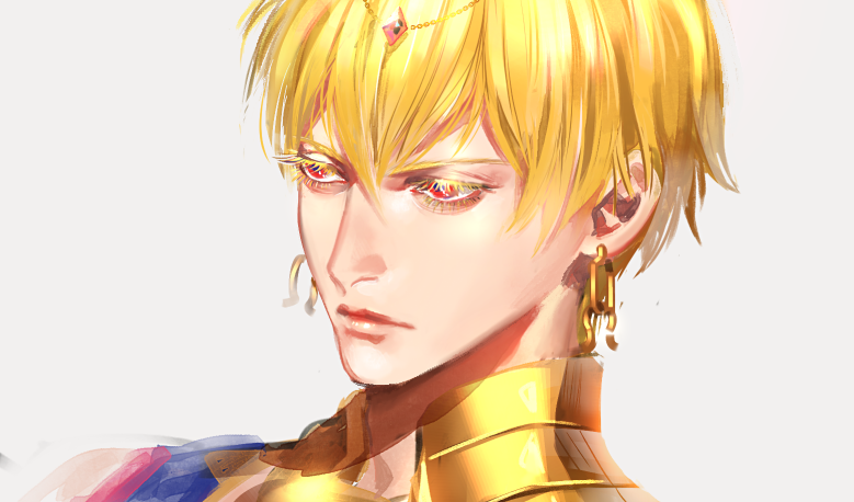 armor blonde_hair closed_mouth earrings eyelashes fate/grand_order fate_(series) gem gilgamesh gilgamesh_(caster)_(fate) gold grey_background jewelry lips looking_afar male_focus portrait red_eyes simple_background solo tenobe upper_body