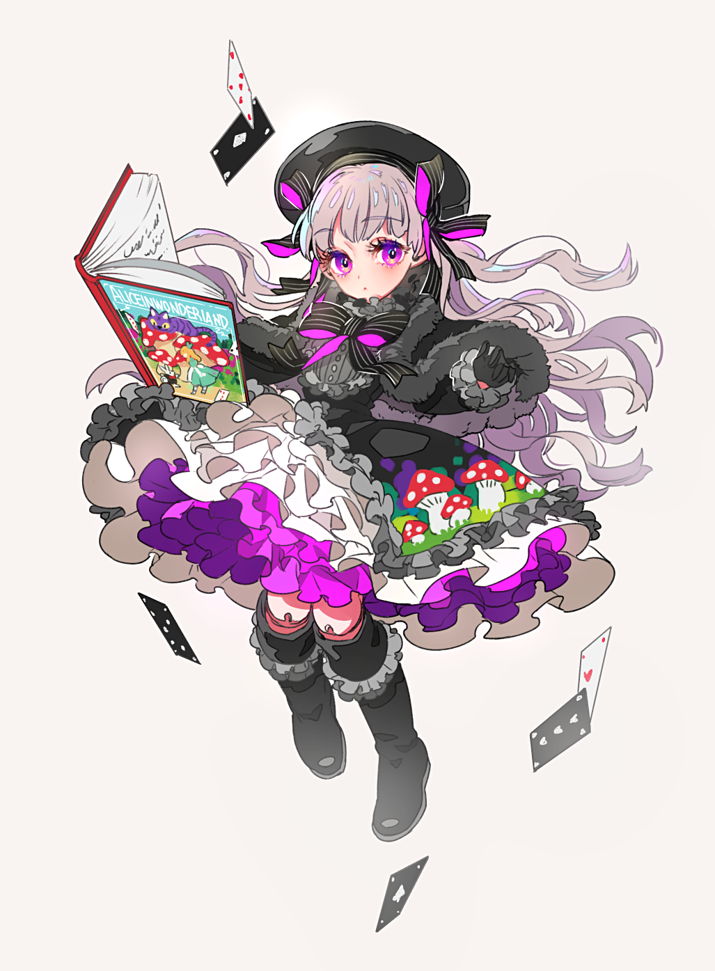 ace_of_clubs ace_of_diamonds ace_of_hearts alice_in_wonderland bangs beret black_capelet black_dress black_footwear black_hat black_ribbon blush book boots capelet card closed_mouth club_(shape) collar colored_eyelashes diamond_(shape) doll_joints dress eyebrows_visible_through_hair fate/extra fate/grand_order fate_(series) food_print frilled_boots frilled_collar frilled_dress frilled_sleeves frills full_body fur-trimmed_capelet fur_trim gothic_lolita grey_background hair_ribbon hat heart highres knee_boots lolita_fashion long_hair long_sleeves looking_at_viewer mushroom_print nursery_rhyme_(fate/extra) open_book outstretched_arm petticoat playing_card purple_eyes ribbon silver_hair simple_background solo striped striped_ribbon tenobe very_long_hair