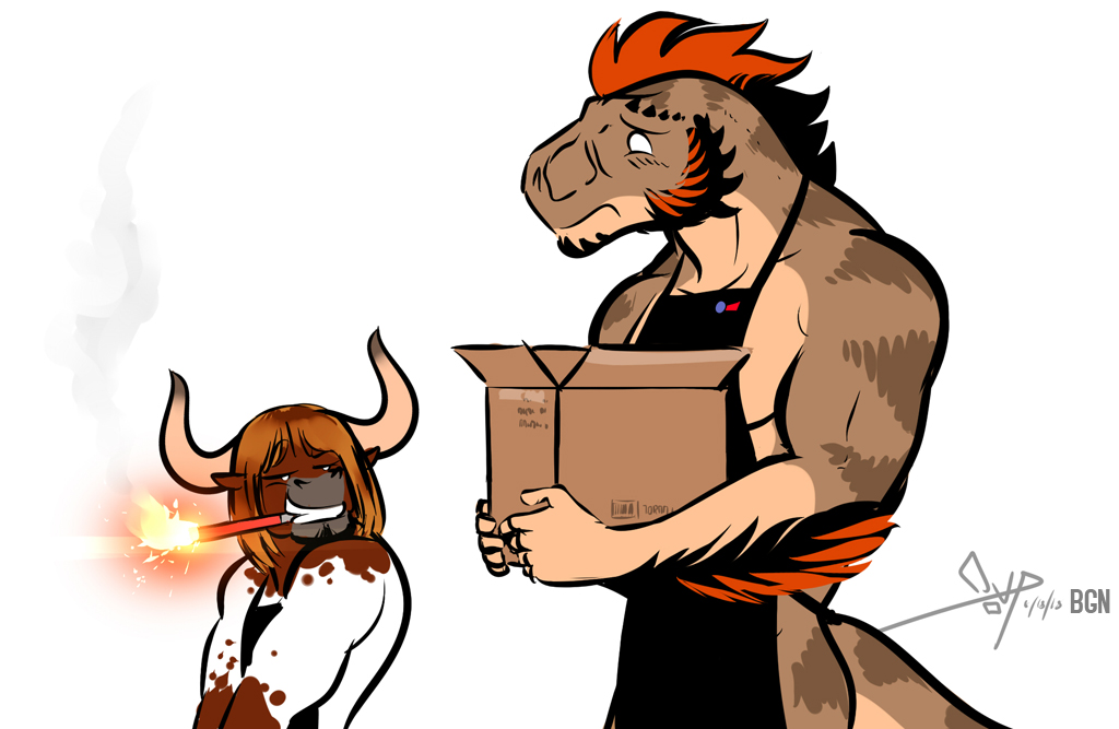 2015 5_fingers anthro apron bgn black_hair bovine box brown_fur brown_scales brown_tail bruce_(bgn) cardboard_box cattle clothing digital_media_(artwork) dinosaur duo empty_eyes fur grin hair holding_object horn larger_anthro larger_male male mammal mouth_hold multicolored_hair multicolored_scales multicolored_tail naked_apron orange_hair scales scalie short_hair signature simple_background size_difference smaller_anthro smaller_male smile tan_horn tan_scales tan_tail teeth theropod two_tone_hair ty_(bgn) tyrannosaurus_rex white_background white_fur wig
