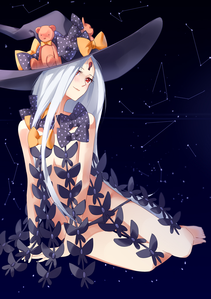 abigail_williams_(fate/grand_order) arm_support bare_legs barefoot black_bow black_hat black_panties blush bow breasts bug butterfly closed_mouth commentary_request constellation esc0el2 fate/grand_order fate_(series) hat head_tilt insect keyhole long_hair looking_away orange_bow panties panty_pull polka_dot polka_dot_bow red_eyes revealing_clothes silver_hair sitting small_breasts smile solo stuffed_animal stuffed_toy teddy_bear topless underwear underwear_only very_long_hair witch_hat yokozuwari