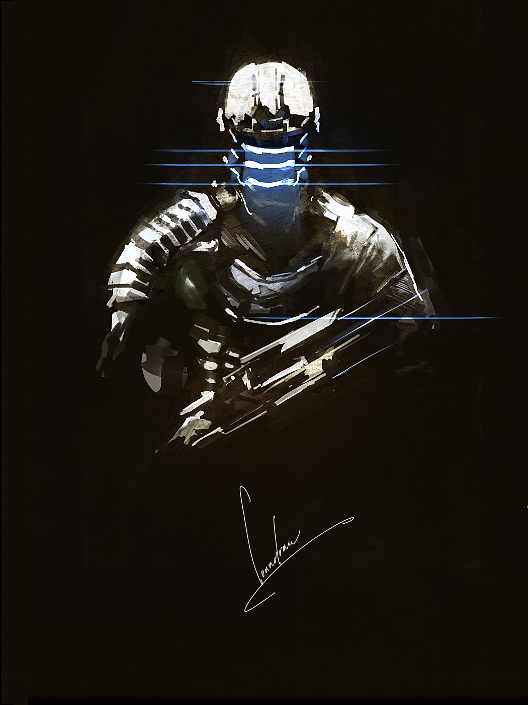 armor black_background commentary_request dead_space facing_viewer full_armor gun helmet highres holding holding_gun holding_weapon isaac_clarke limited_palette loundraw male_focus signature simple_background solo weapon