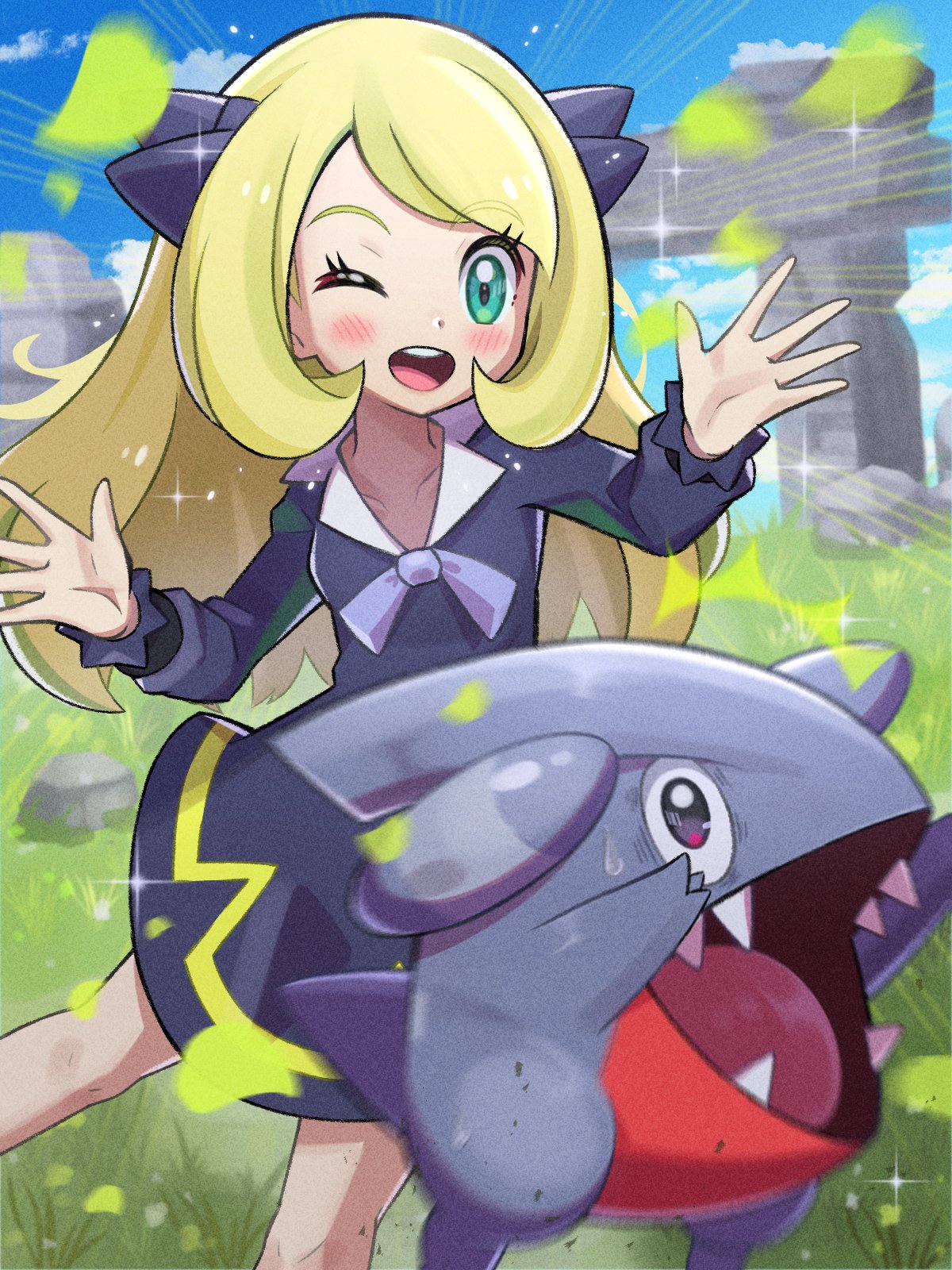 1girl aged_down aqua_eyes blonde_hair blue_dress blue_sky blush collarbone commentary_request cynthia_(pokemon) dress fangs frilled_sleeves frills gible grass hair_ornament highres inana_umi leaf light_particles long_hair motion_blur motion_lines one_eye_closed open_mouth outdoors outstretched_arms pokemon pokemon_(creature) pokemon_dppt ribbon sky surprised sweatdrop