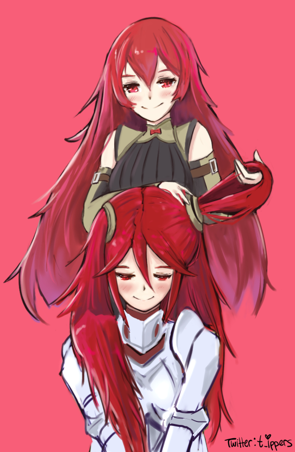 brushing_another's_hair closed_eyes dress fire_emblem fire_emblem:_kakusei gloves hair_brushing hair_ornament ippers long_hair mother_and_daughter multiple_girls red_eyes red_hair selena_(fire_emblem) smile tiamo twintails very_long_hair