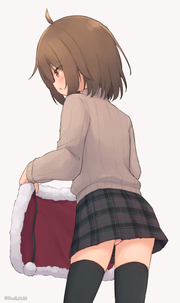 1girl :o ahoge black_thighhighs blush brown_hair capelet capelet_removed centi_mnkt fur-trimmed_capelet fur_trim grey_background grey_skirt grey_sweater hair_between_eyes highres original panties parted_lips pink_panties plaid plaid_skirt profile red_capelet red_eyes ribbed_sweater simple_background skirt solo standing sweater thighhighs turtleneck turtleneck_sweater underwear