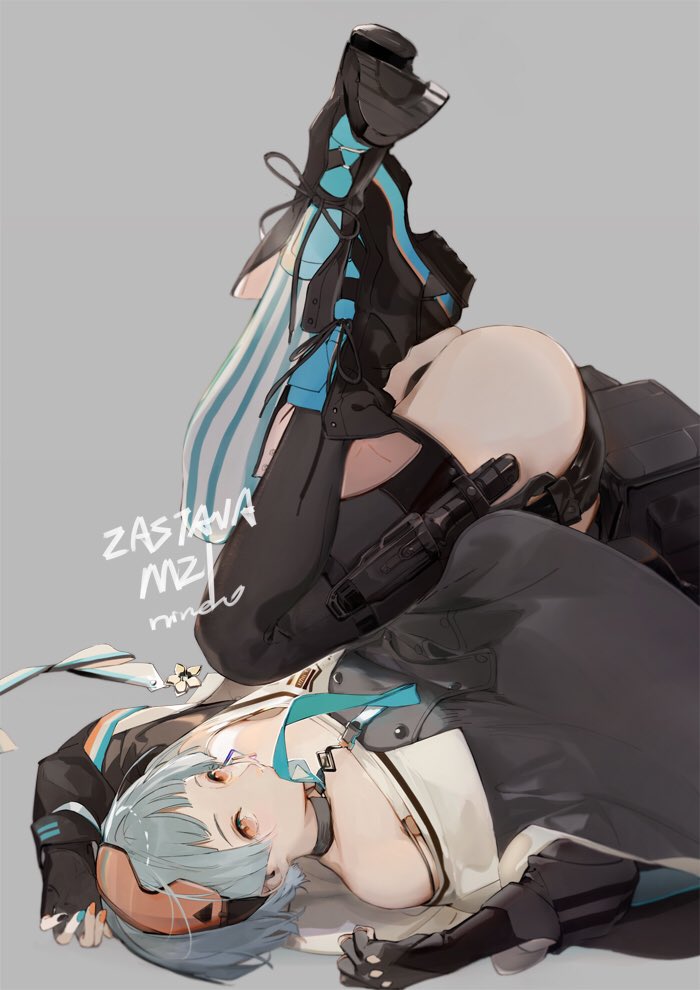 artist_name ass asymmetrical_legwear bangs bare_shoulders black_gloves blue_hair blue_ribbon boots buckle character_name choker coat collarbone commentary_request cross-laced_footwear crossed_ankles earrings elbow_gloves eyewear_on_head fingerless_gloves girls_frontline gloves goggles goggles_on_head grey_background jewelry knife knife_holster lace-up_boots legs_up long_sleeves looking_at_viewer lying mouth_hold nail_polish nineo off_shoulder on_back orange_eyes orange_goggles panties pantyshot ribbon ribbon_in_mouth short_hair signature simple_background single_earring solo striped striped_legwear thigh_strap thighhighs thighs underwear zas_m21_(girls_frontline)
