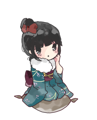 :o bad_id bad_pixiv_id bangs black_eyes black_hair blunt_bangs blush bow full_body fur_collar green_kimono hair_bow hair_bun hand_up japanese_clothes kimono long_sleeves looking_at_viewer lowres obi original parted_lips print_kimono red_bow sash seiza simple_background sitting solo tsukiyo_(skymint) white_background wide_sleeves