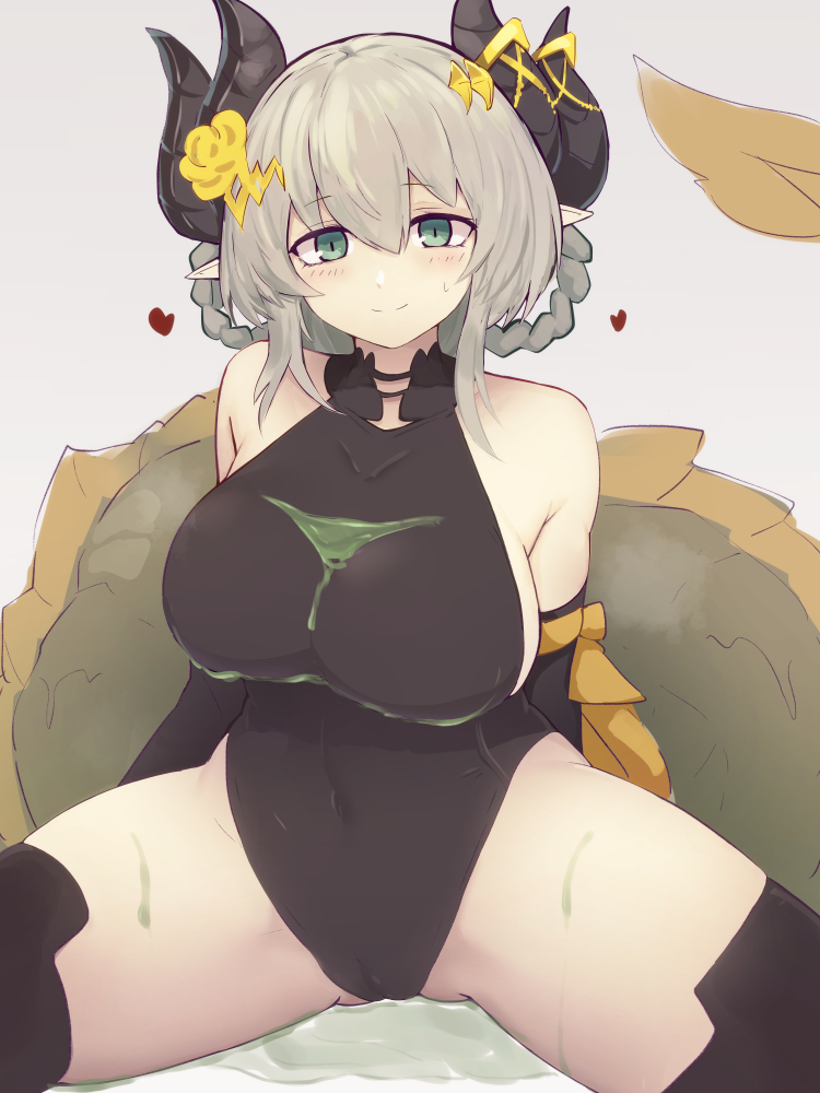1girl bare_shoulders black_leotard blush breasts cameltoe covered_navel dirio_(monster_musume_td) green_eyes grey_hair hair_between_eyes heart horns large_breasts leotard looking_at_viewer monster_musume_td pointy_ears sitting smile solo split_mouth thick_thighs thighhighs thighs wet yonaga_san