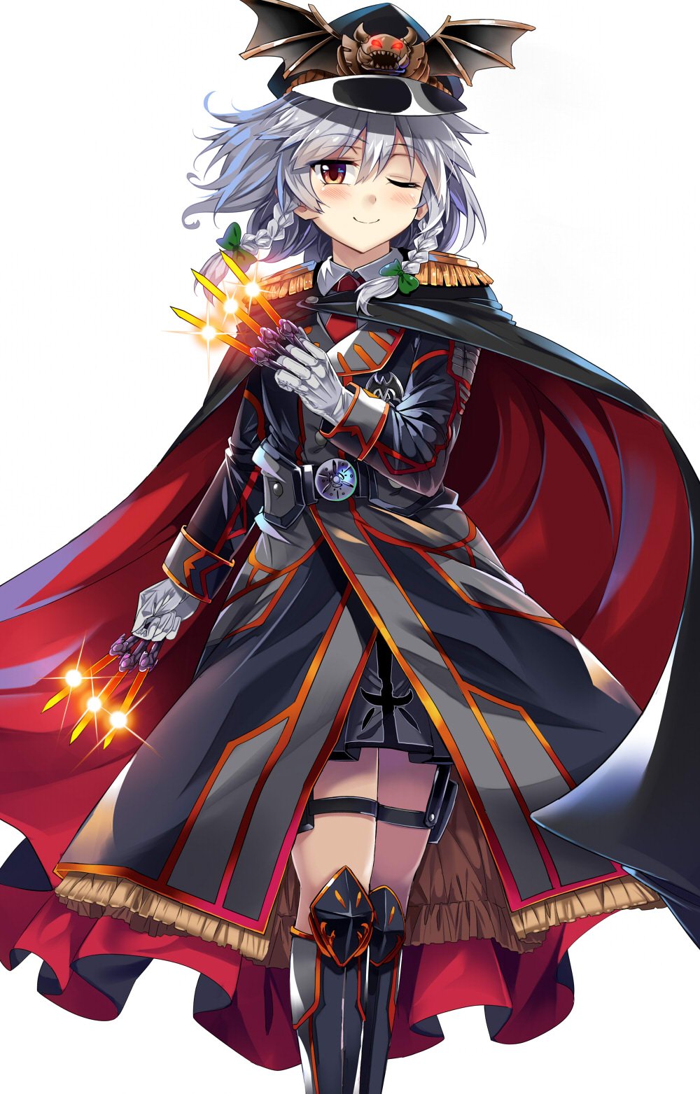 ;&gt; alternate_costume bow braid cape commentary_request cowboy_shot e.o. epaulettes eyebrows_visible_through_hair gloves green_bow hair_between_eyes hair_bow hat highres holding holding_knife holding_weapon holster izayoi_sakuya knife knives_between_fingers long_coat long_sleeves looking_at_viewer miniskirt necktie one_eye_closed peaked_cap red_eyes red_neckwear short_hair silver_hair simple_background skirt smile solo thigh_holster touhou twin_braids weapon white_background