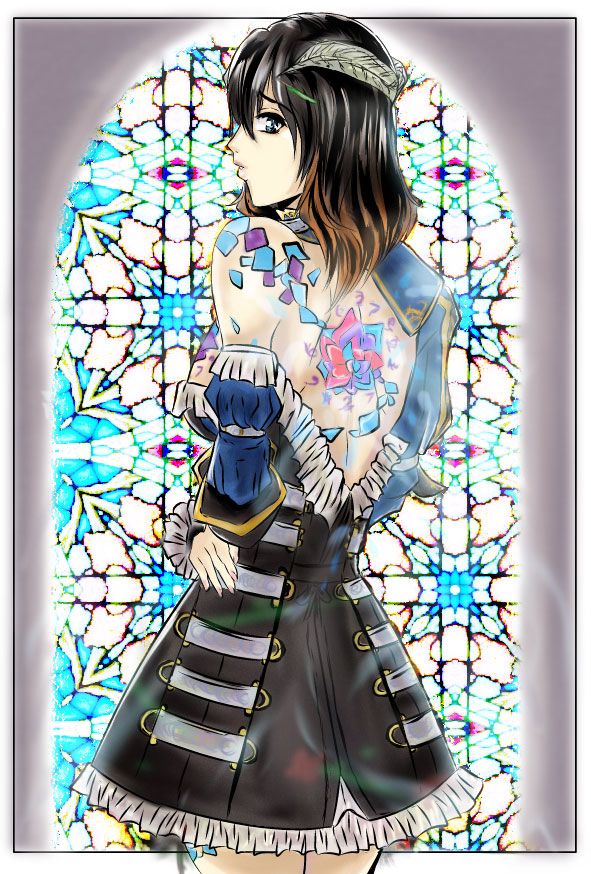 1girl bare_back bare_shoulder bloodstained:_ritual_of_the_night blue_eye circlet detached_sleeve dress flower_tattoo from_behind gradient_hair looking_from_behind miriam_(bloodstained) rose solo stained_glass tattoo