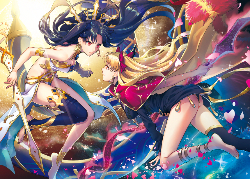 amg_(nwmnmllf) anklet arm_belt ass bare_shoulders barefoot black_hair black_panties blonde_hair bow cape closed_mouth commentary_request crown earrings ereshkigal_(fate/grand_order) eye_contact fate/grand_order fate_(series) floating floating_hair hair_bow heavenly_boat_maanna holding holding_sword holding_weapon ishtar_(fate/grand_order) jewelry long_hair long_legs looking_at_another multiple_girls panties red_eyes single_thighhigh sky space star_(sky) starry_sky sword thighhighs two_side_up underwear weapon