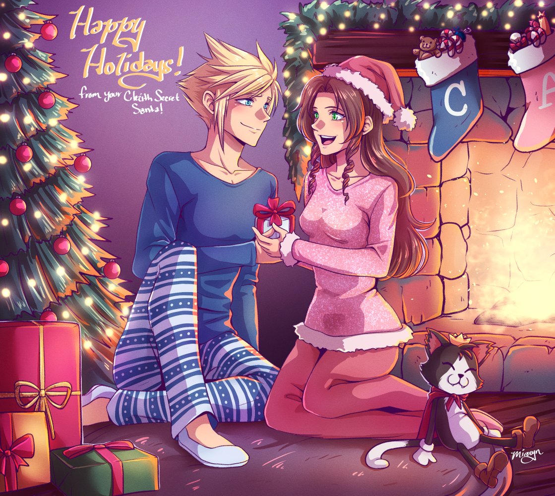 1boy 1girl aerith_gainsborough blonde_hair blue_eyes blush box brown_hair cait_sith_(ff7) christmas_ornaments christmas_present christmas_stocking christmas_tree cloud_strife couple final_fantasy final_fantasy_vii final_fantasy_vii_remake fireplace gift gift_box green_eyes happy_holidays hat holding holding_gift looking_at_another merry_christmas mireryn santa_hat smile spiked_hair stuffed_toy wavy_hair winter_clothes