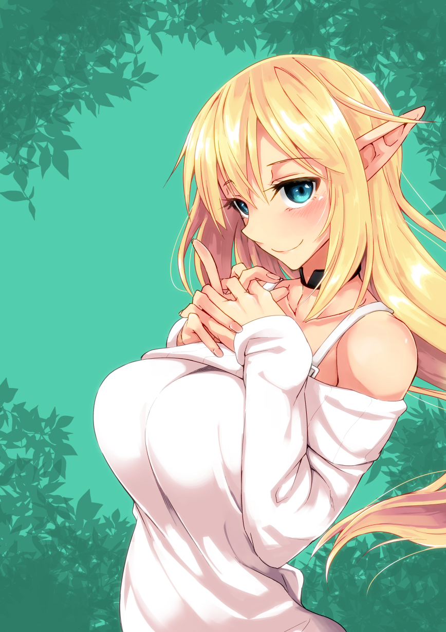 bare_shoulders black_choker blonde_hair blue_eyes blush breasts choker closed_mouth cover_image dress elf eyebrows_visible_through_hair fingernails for-u green_background hair_between_eyes highres index_finger_raised large_breasts long_hair looking_at_viewer original pointy_ears smile solo sweater sweater_dress upper_body white_sweater