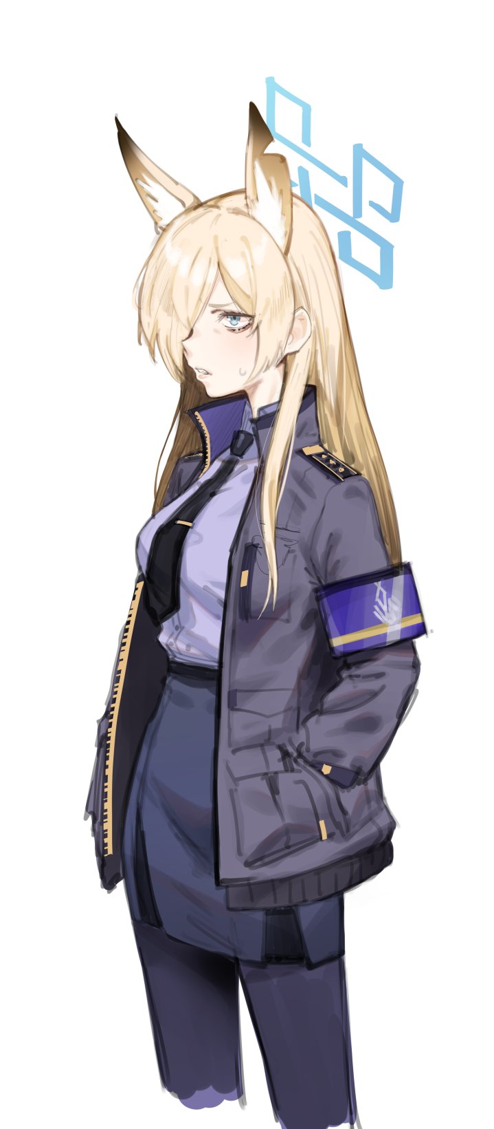 1girl animal_ear_fluff animal_ears armband black_necktie blonde_hair blue_archive blue_armband blue_eyes blue_halo blue_shirt breasts dog_ears epaulettes extra_ears hair_over_one_eye halo hands_in_pockets highres jacket kanna_(blue_archive) long_hair long_sleeves looking_ahead medium_breasts necktie notched_ear open_clothes open_jacket pantyhose parted_lips pencil_skirt police police_uniform policewoman shirt shirt_tucked_in simple_background skirt solo standing suruga_kreuz sweatdrop tie_clip uniform white_background