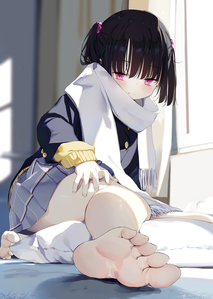 1girl bare_legs barefoot black_hair blue_jacket blurry blurry_background blush closed_mouth curtains dorsiflexion eyelashes feet foot_focus foreshortening full_body grey_skirt hair_ornament hand_on_own_thigh indoors jacket kamizaki_hibana long_sleeves looking_at_viewer on_bed original pillow plaid plaid_skirt pleated_skirt purple_eyes scarf school_uniform sidelocks sitting skirt soles solo toes two_side_up white_scarf window