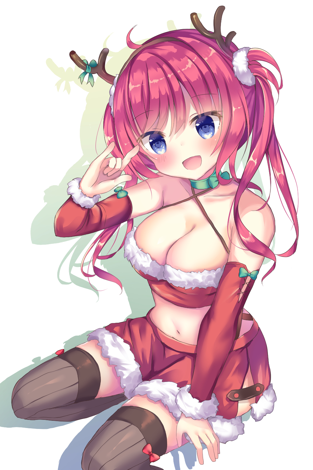 :d \m/ antlers azur_lane bangs bare_shoulders black_legwear blue_eyes blush bow breasts brown_hairband choker cleavage collarbone commentary_request criss-cross_halter crop_top detached_sleeves eyebrows_visible_through_hair full_body fur-trimmed_shirt fur-trimmed_skirt green_choker hair_between_eyes hair_ornament hairband halterneck head_tilt highres large_breasts long_hair long_sleeves looking_at_viewer midriff navel open_mouth pink_hair red_bow red_shirt red_skirt reindeer_antlers san_diego_(azur_lane) santa_costume shirt simple_background sitting skirt smile solo striped striped_legwear thighhighs tsuruse twintails vertical-striped_legwear vertical_stripes white_background yokozuwari